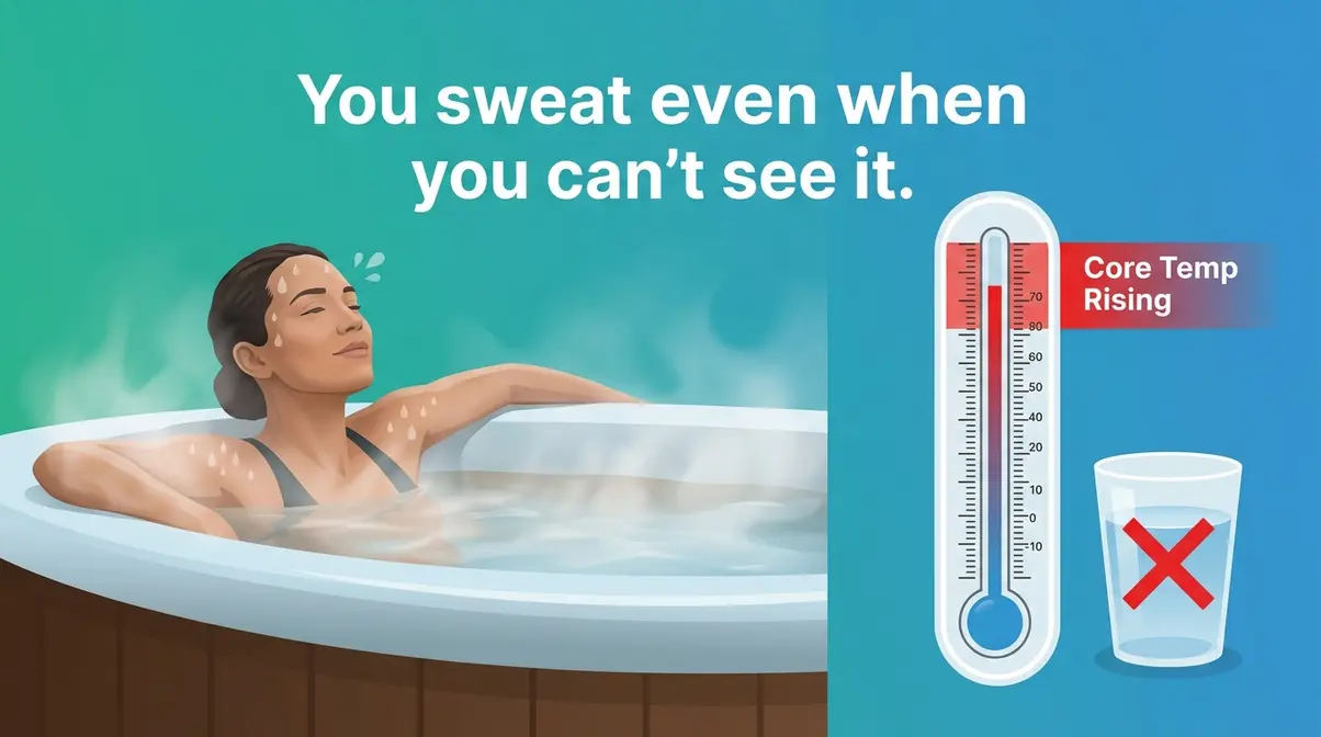 How Long Should You Stay in a Hot Tub? Safety Guide 6 Hot tub dehydration risk illustration showing invisible fluid loss during soaking and rising core body temperature