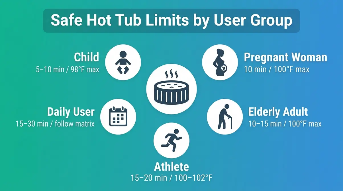How Long Should You Stay in a Hot Tub? Safety Guide 5 Hot tub safety time limits for different user groups including children, pregnant women, elderly adults and athletes