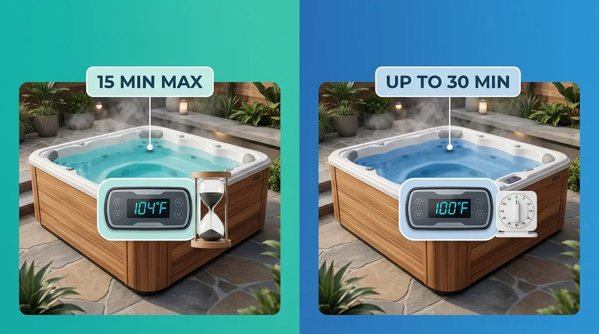 How Long Should You Stay in a Hot Tub? Safety Guide 1 Hot tub safe soaking time comparison showing 15 minutes at 104°F versus 30 minutes at 100°F