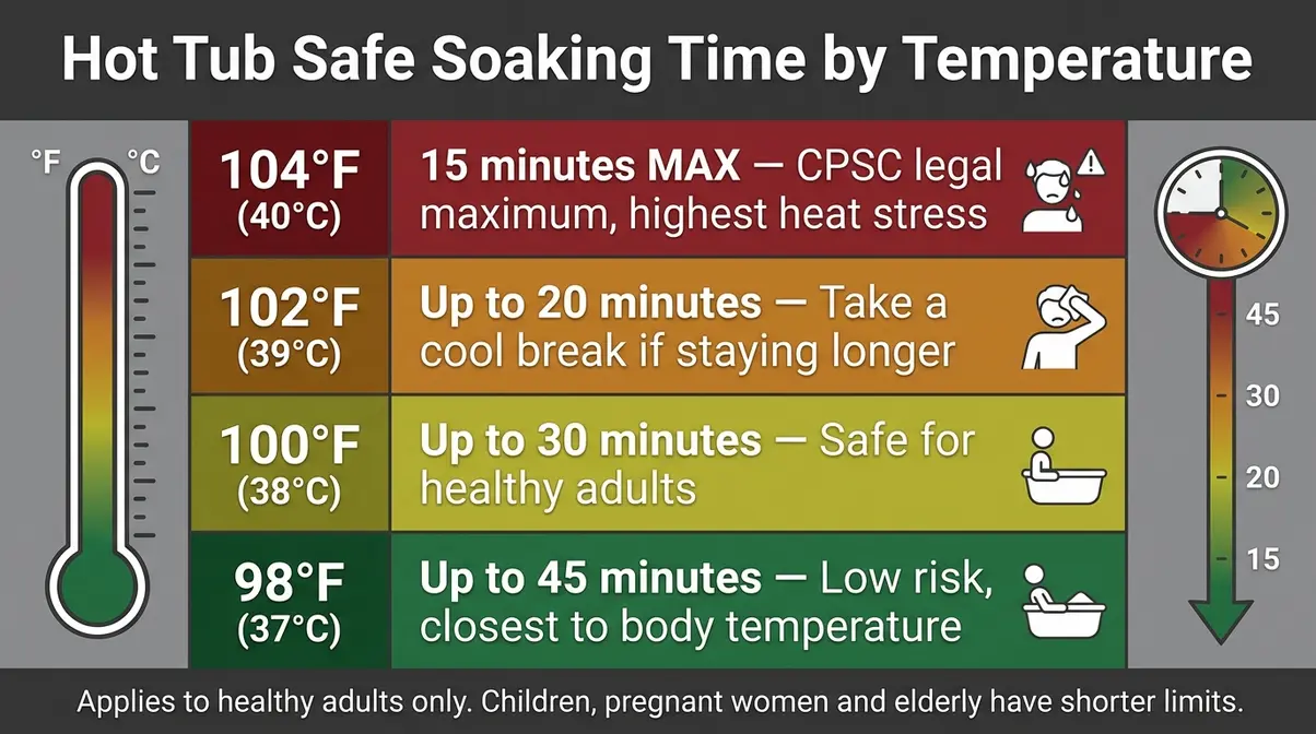 How Long Should You Stay in a Hot Tub? Safety Guide 2 How long should you stay in a hot tub at each temperature — colour-coded safety matrix chart from 98°F to 104°F