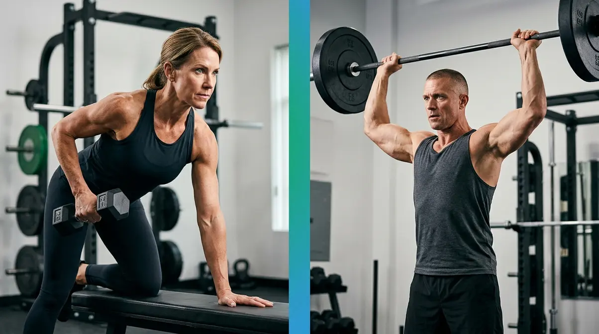 Male and female athletes over forty performing resistance training showing age and sex affect muscle building timeline