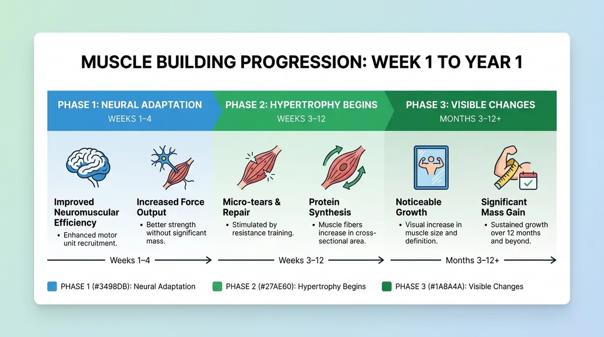 Science-backed muscle building timeline infographic showing neural adaptation, hypertrophy, and visible gains phases for how long to build muscle