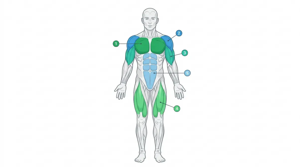 Anatomical illustration highlighting major muscle groups that grow fastest including chest, shoulders, arms, and quadriceps