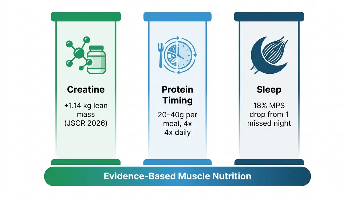 Diagram showing the three evidence-based pillars of muscle building nutrition — creatine, protein timing, and sleep