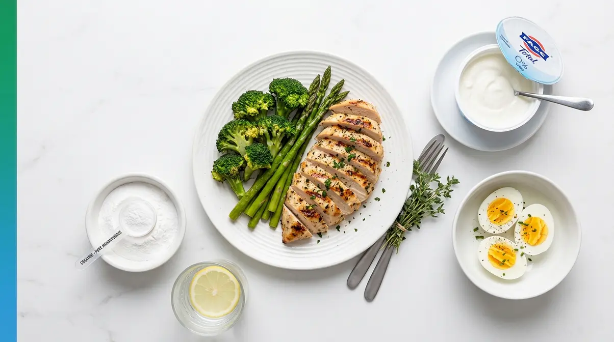 Muscle building nutrition spread showing protein-rich foods including chicken, eggs, Greek yogurt, and creatine supplement