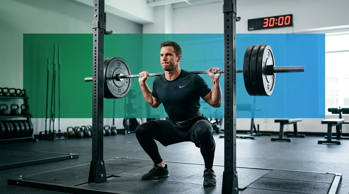 Athlete performing barbell squat during a focused thirty-minute resistance training session for muscle growth