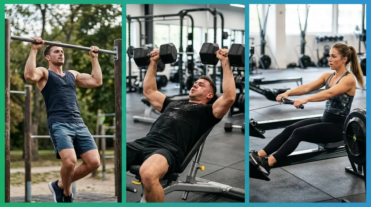 Three training styles compared side by side — calisthenics pull-ups, dumbbell press, and rowing machine for muscle building