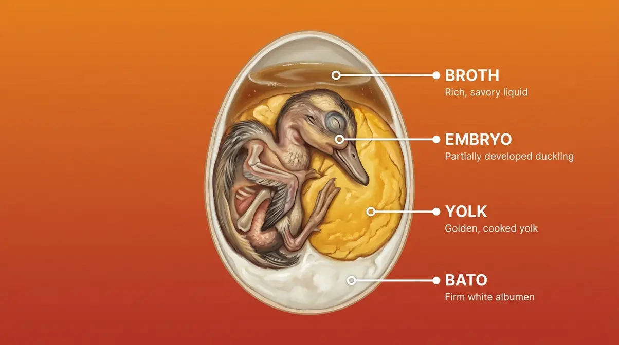 Balut anatomy diagram showing broth embryo yolk and bato parts of a fertilized duck egg