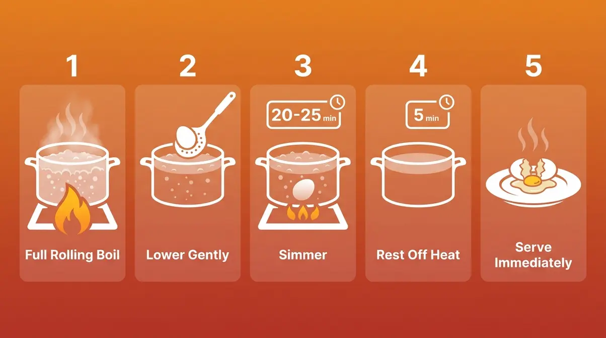 Step-by-step balut boiling process diagram showing pot, eggs, timer, and rest step