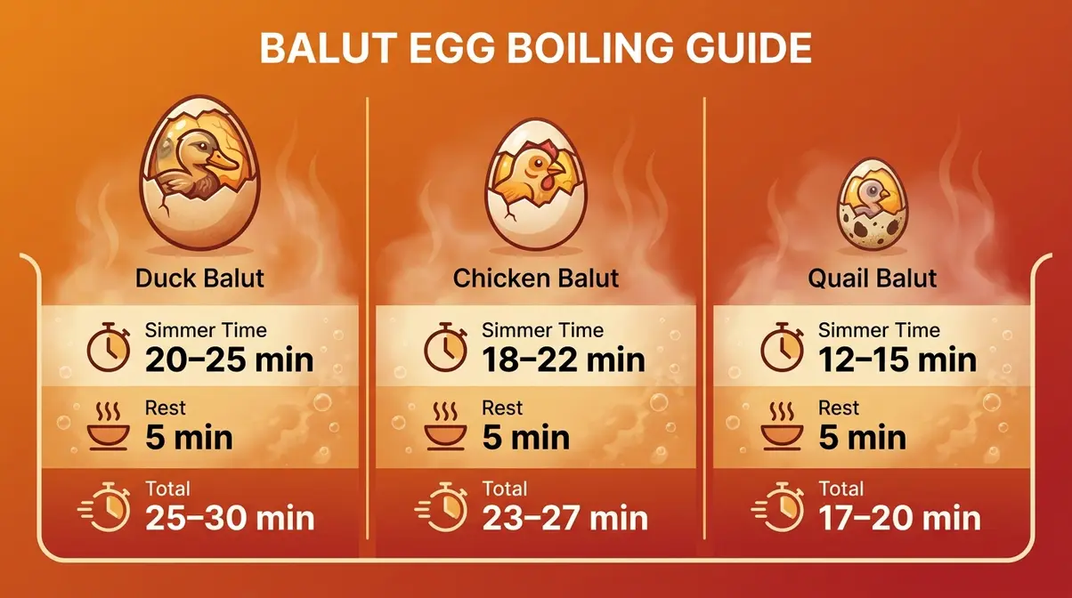 Balut cooking time comparison chart showing duck chicken quail egg boiling minutes infographic