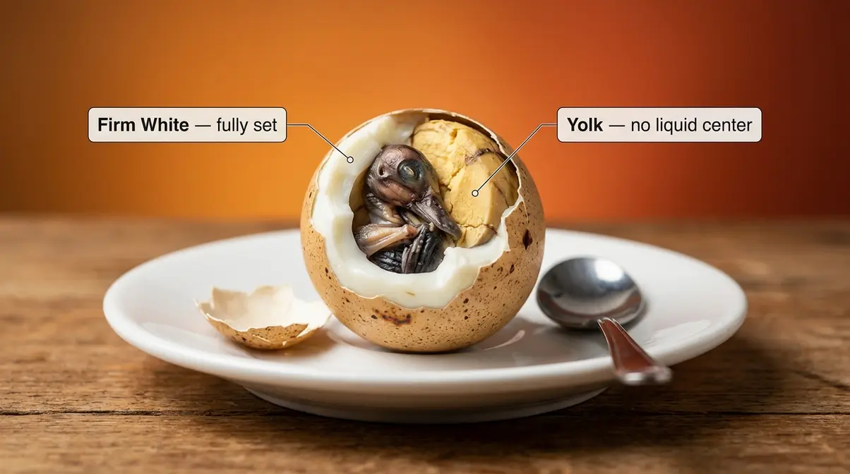 Cracked balut egg showing fully cooked firm white and set yolk as doneness indicators