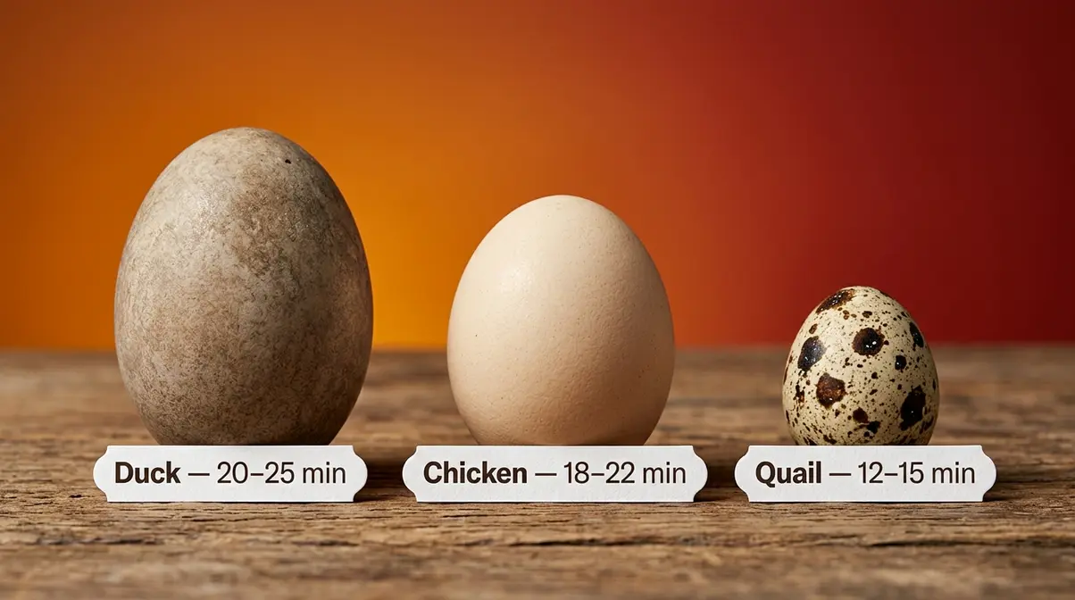 Duck chicken and quail balut eggs side by side showing different sizes and boiling times