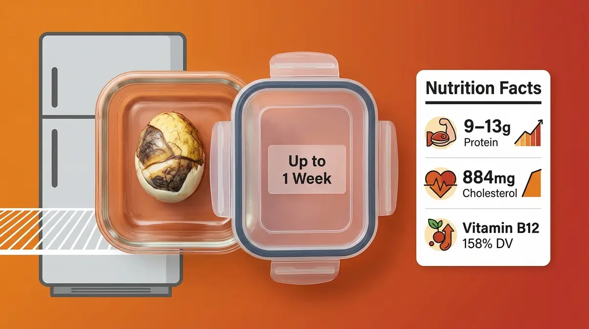 Balut health facts storage guide showing nutrition label and refrigerator safe storage container