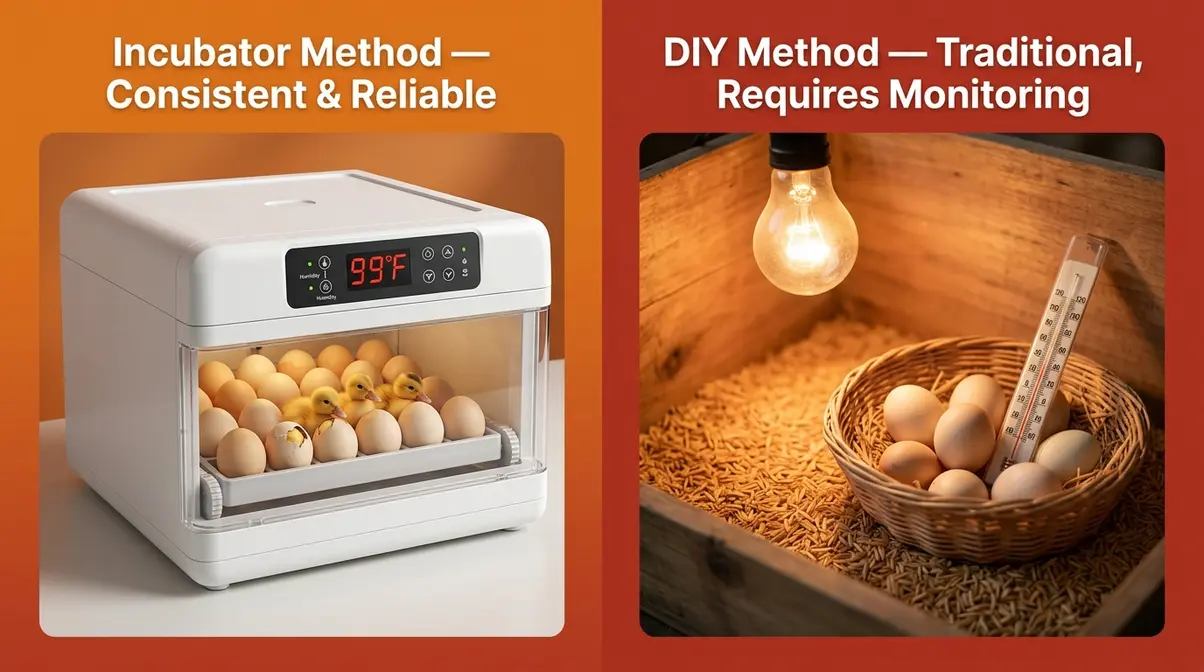 Side-by-side comparison of modern egg incubator and traditional DIY balut incubation method