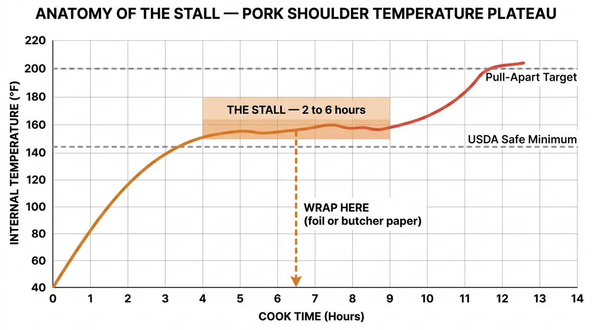 Diagram showing pork shoulder internal temperature plateau at 150 to 165°F during 250°F cook with wrap point marked