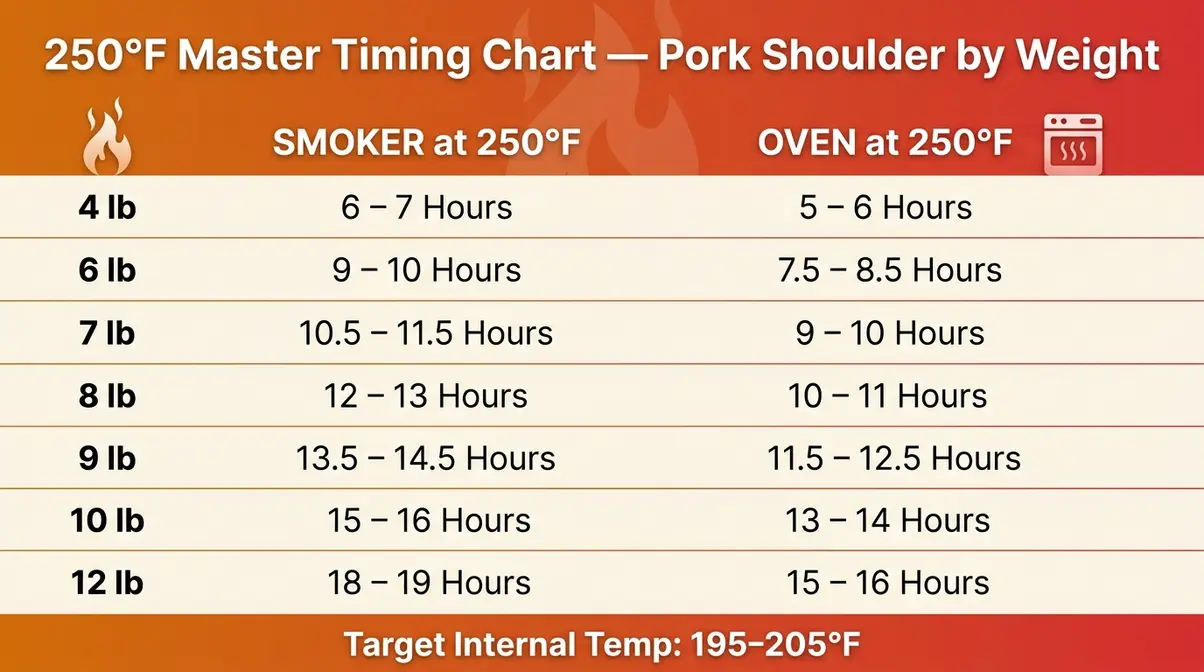 Pork shoulder cook time chart at 250°F showing smoker versus oven hours for 4 lb to 12 lb roasts