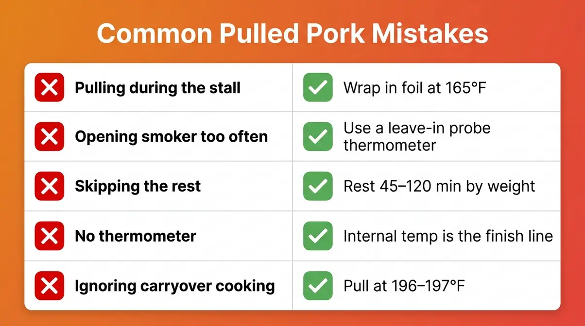 Five common pork shoulder cooking mistakes with fixes shown as a visual checklist for 250°F cooks
