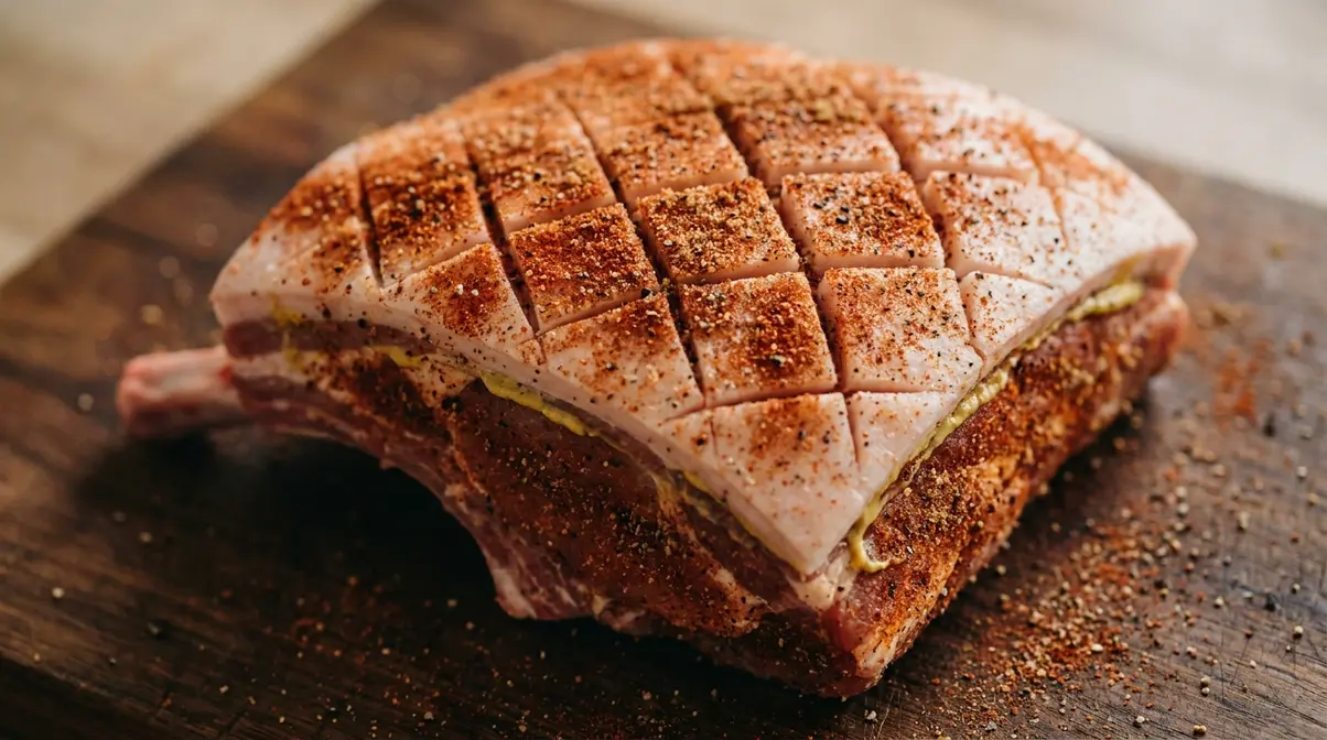 Scored and seasoned pork shoulder with dry rub coating ready for a 250°F slow cook