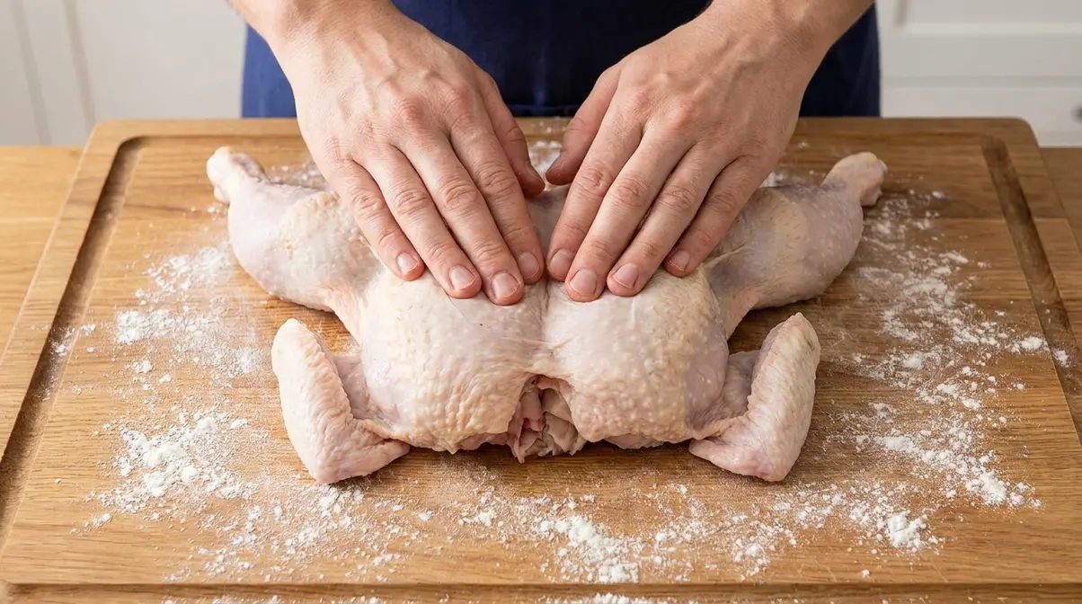 How Long to Cook Spatchcock Chicken: Times by Weight 3 Spatchcock chicken pressed flat on cutting board showing wide butterfly shape with splayed legs