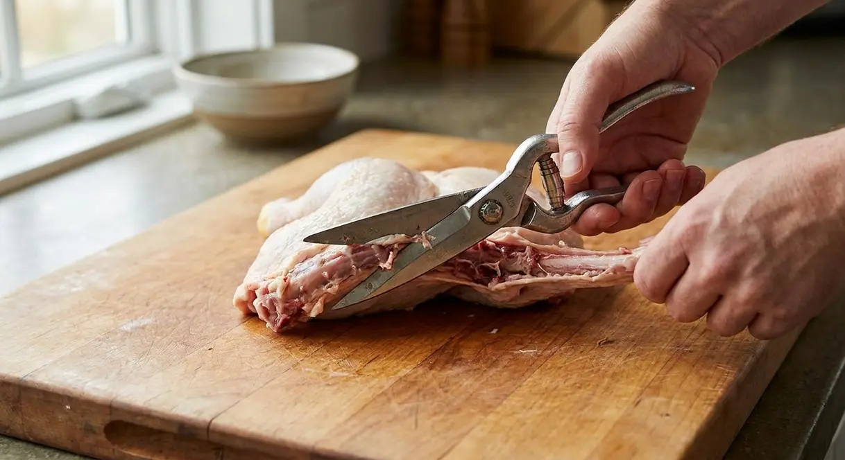 How Long to Cook Spatchcock Chicken: Times by Weight 2 Cutting along the chicken backbone with poultry shears to remove it for spatchcocking