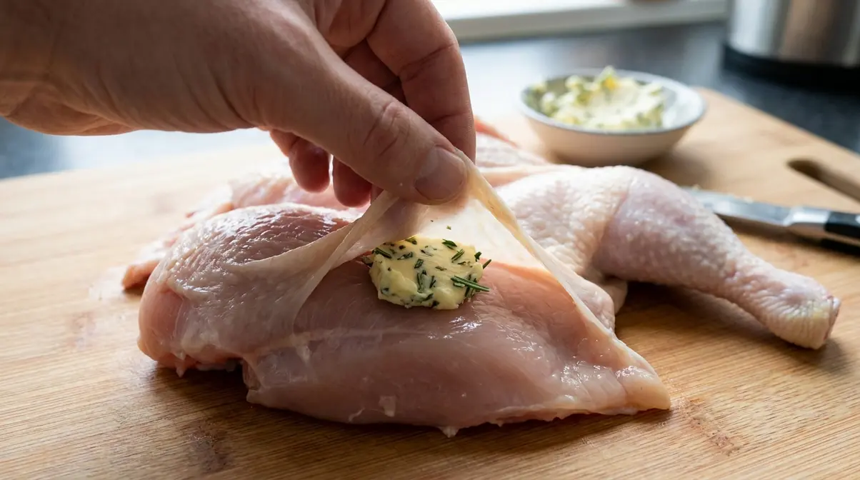 How Long to Cook Spatchcock Chicken: Times by Weight 4 Rubbing herb butter under the skin of a raw spatchcock chicken breast before roasting