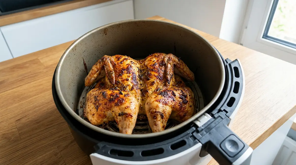 How Long to Cook Spatchcock Chicken: Times by Weight 8 Spatchcock chicken skin-side up in an air fryer basket with golden crispy skin after cooking