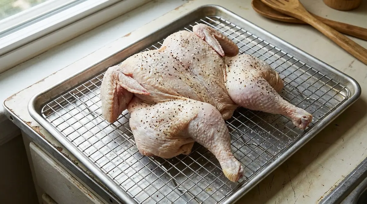 How Long to Cook Spatchcock Chicken: Times by Weight 1 Raw spatchcock chicken pressed flat on a wire rack over a baking sheet ready for the oven