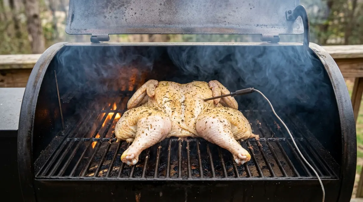 How Long to Cook Spatchcock Chicken: Times by Weight 7 Spatchcock chicken skin-side up on pellet smoker grates with light smoke for low-and-slow cooking method