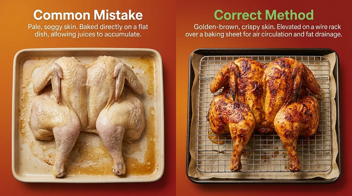 How Long to Cook Spatchcock Chicken: Times by Weight 10 Side-by-side comparison of soggy spatchcock chicken mistake versus crispy correct method on wire rack
