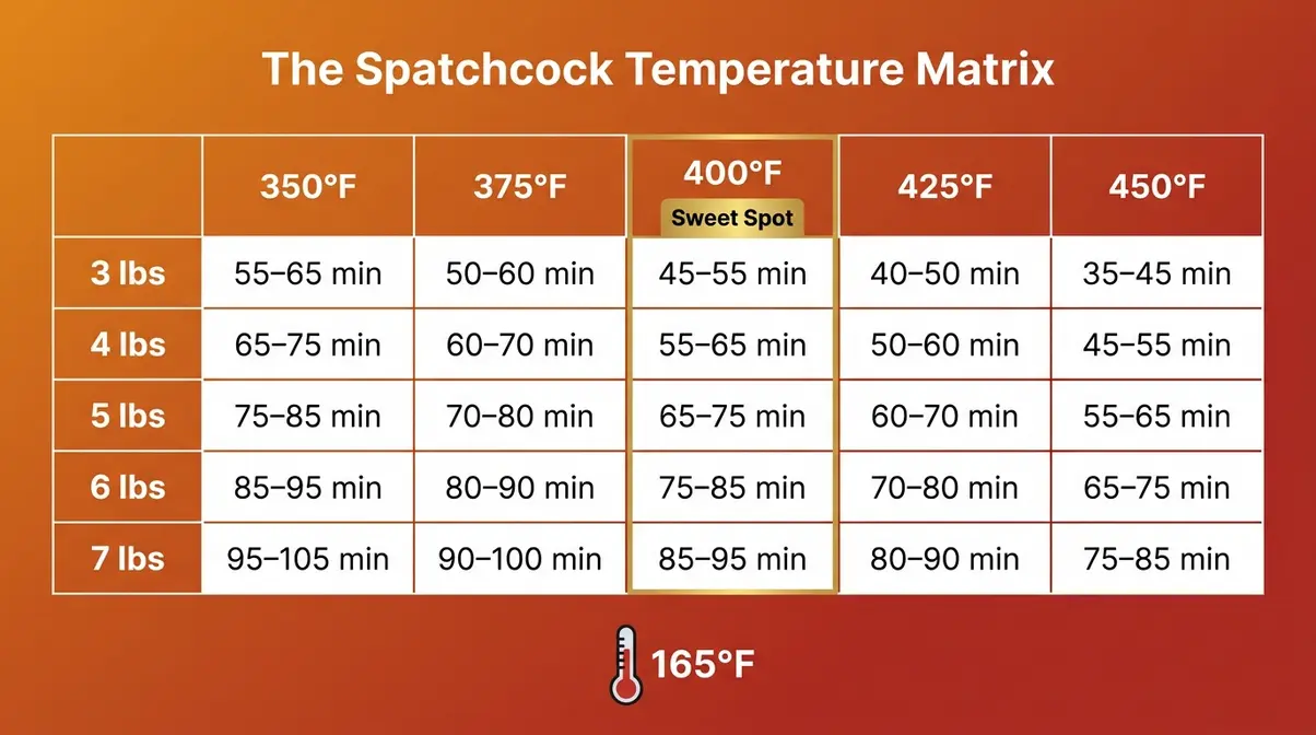 How Long to Cook Spatchcock Chicken: Times by Weight 5 Spatchcock chicken cooking time chart showing minutes by bird weight and oven temperature from 350 to 450 degrees