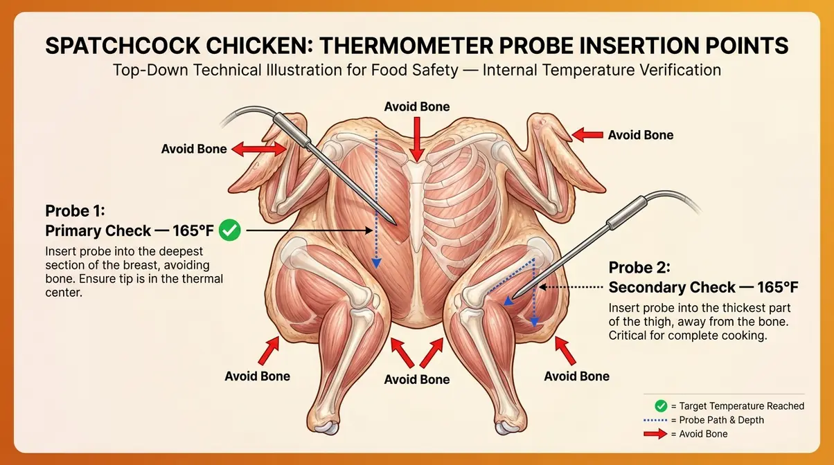 How Long to Cook Spatchcock Chicken: Times by Weight 9 Diagram showing correct meat thermometer placement in breast and thigh of a spatchcock chicken to check for 165°F