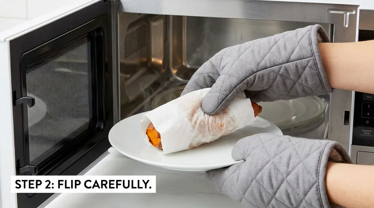 How Long To Cook Sweet Potato In Microwave (By Wattage) 6 Gloved hand flipping wrapped sweet potato on microwave plate halfway through cooking