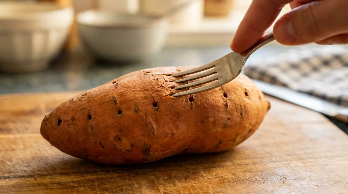 How Long To Cook Sweet Potato In Microwave (By Wattage) 2 Close-up of fork piercing sweet potato skin all around before microwaving