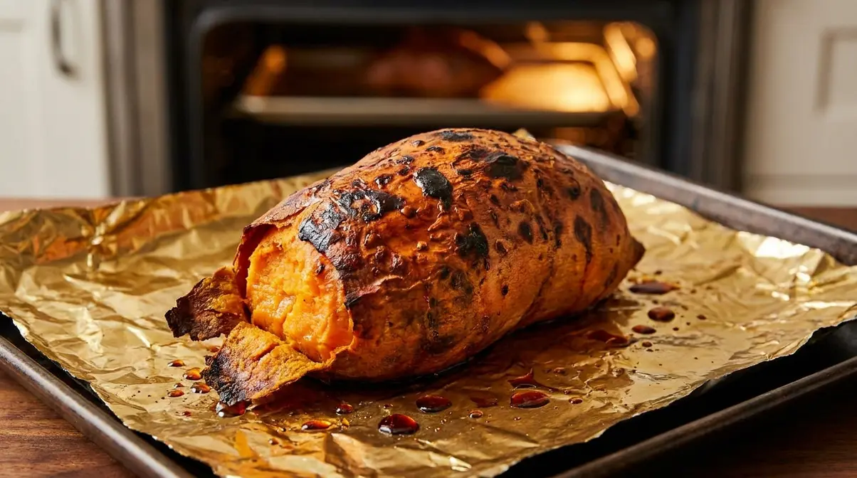 How Long To Cook Sweet Potato In Microwave (By Wattage) 9 Crispy-skin sweet potato finished in oven after microwave cooking showing caramelized skin