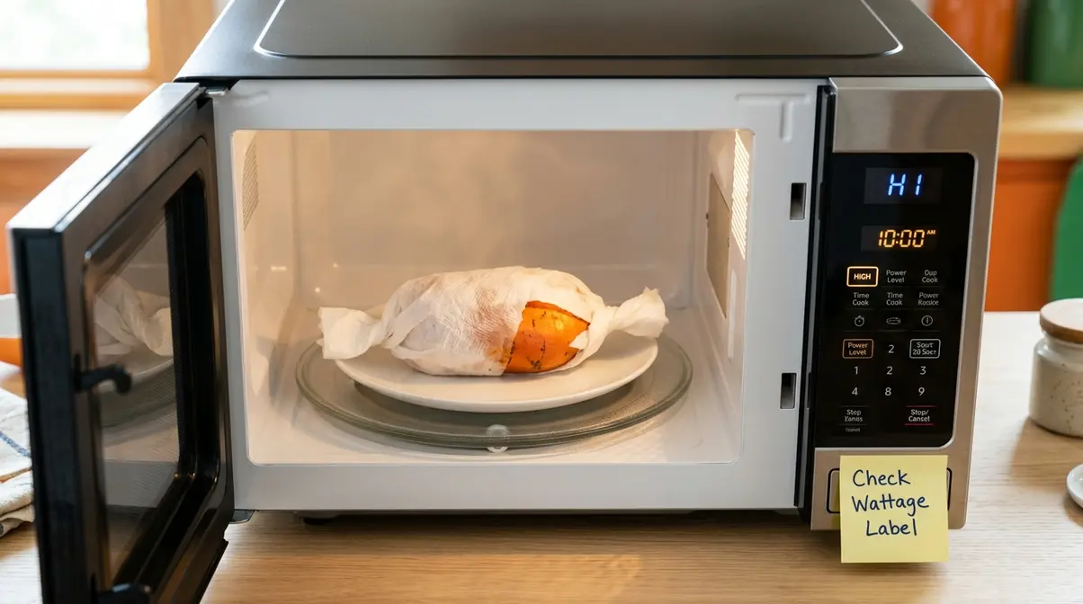 How Long To Cook Sweet Potato In Microwave (By Wattage) 4 Microwave set to high power with sweet potato inside for wattage-adjusted cook time