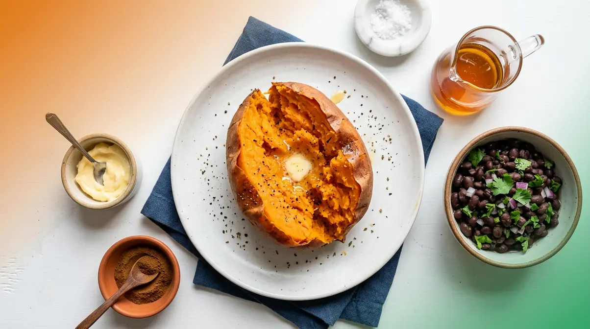 How Long To Cook Sweet Potato In Microwave (By Wattage) 8 Cooked sweet potato with flavor topping variations including butter, cinnamon, and black beans