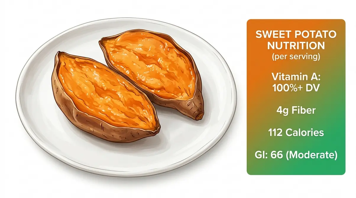 How Long To Cook Sweet Potato In Microwave (By Wattage) 1 Sweet potato nutrition facts showing vitamin A, fiber, calories, and glycemic index values