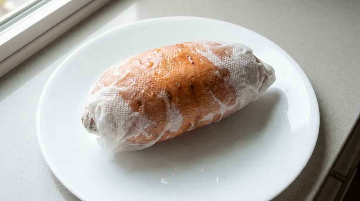 How Long To Cook Sweet Potato In Microwave (By Wattage) 3 Sweet potato wrapped in damp paper towel on microwave-safe plate ready to cook