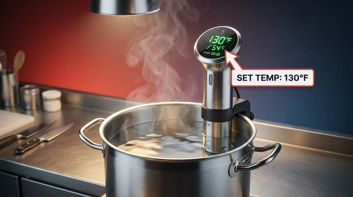 Sous vide circulator set to 130°F in large stockpot preheating for tomahawk steak cooking