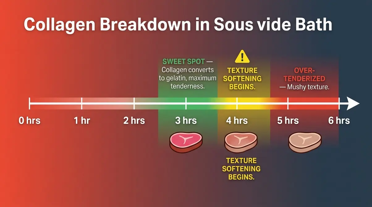 Sous vide tomahawk steak overcooking risk timeline showing collagen breakdown sweet spot and texture softening zones