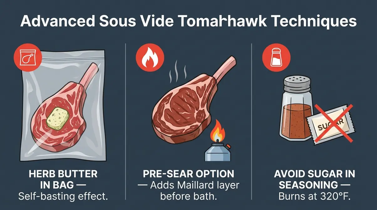 Advanced sous vide tomahawk techniques showing herb butter bag method, pre-sear option, and sugar-free seasoning rule