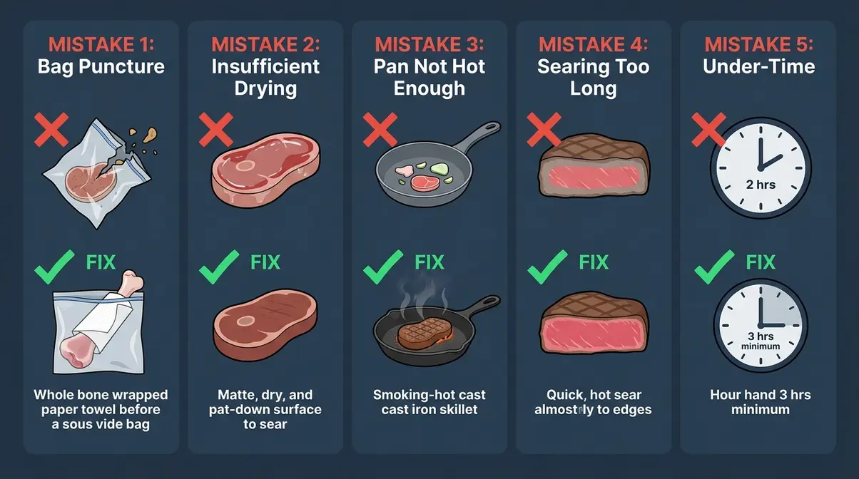 Sous vide tomahawk steak common mistakes guide showing five errors and fixes including bag puncture and insufficient drying