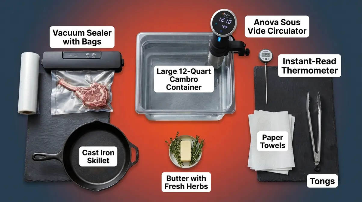 Complete equipment layout for sous vide tomahawk steak including circulator, cast iron skillet, and vacuum bags