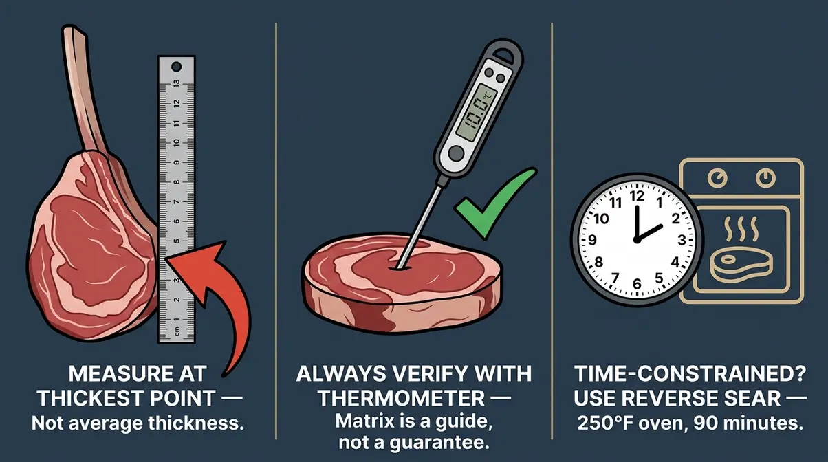 Sous vide tomahawk steak limitations guide showing thickness measurement tips, thermometer verification, and reverse sear alternative