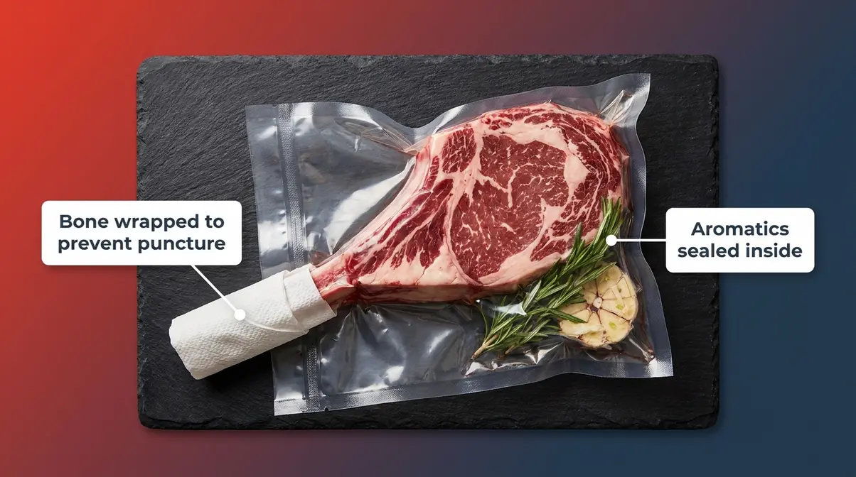 Tomahawk steak sealed in vacuum bag with herbs and garlic, bone end wrapped to prevent bag puncture