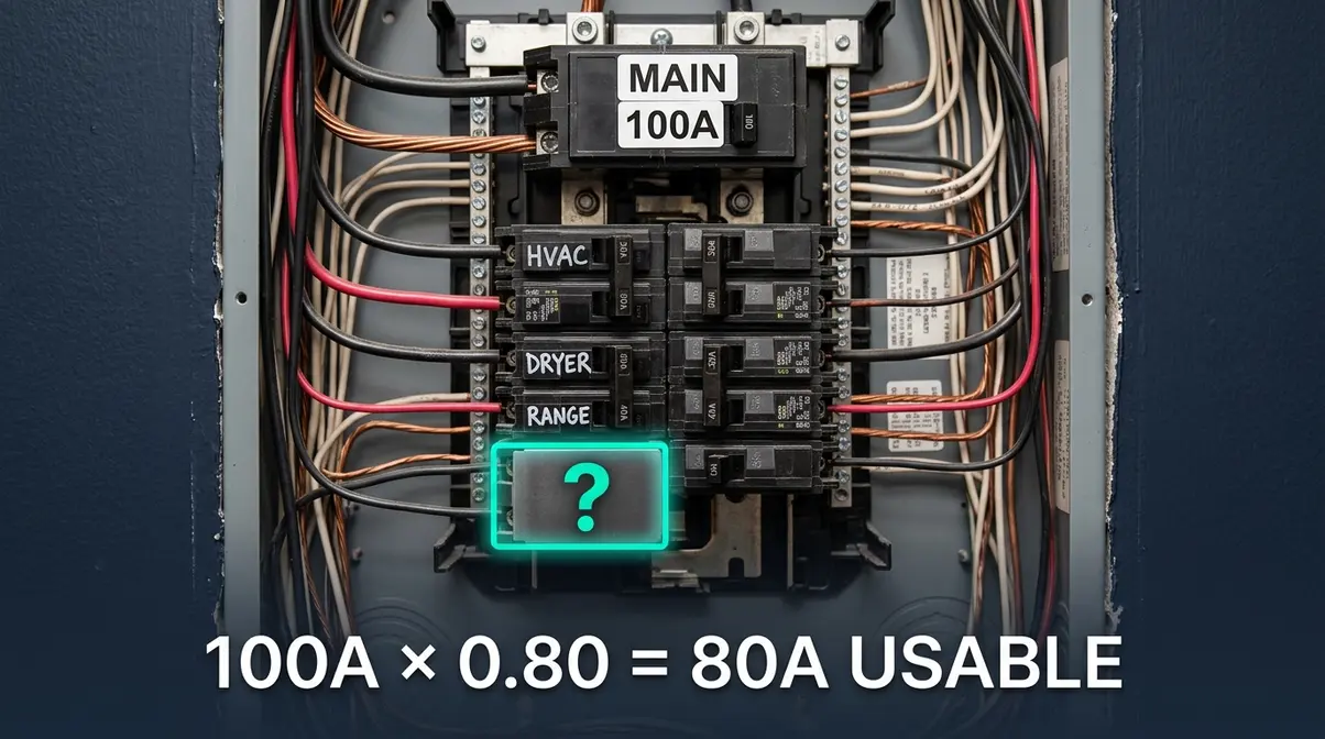 How Many Amps Does a Hot Tub Use? 50–60A Explained 4 100-amp residential electrical panel with highlighted available capacity slot for hot tub circuit installation