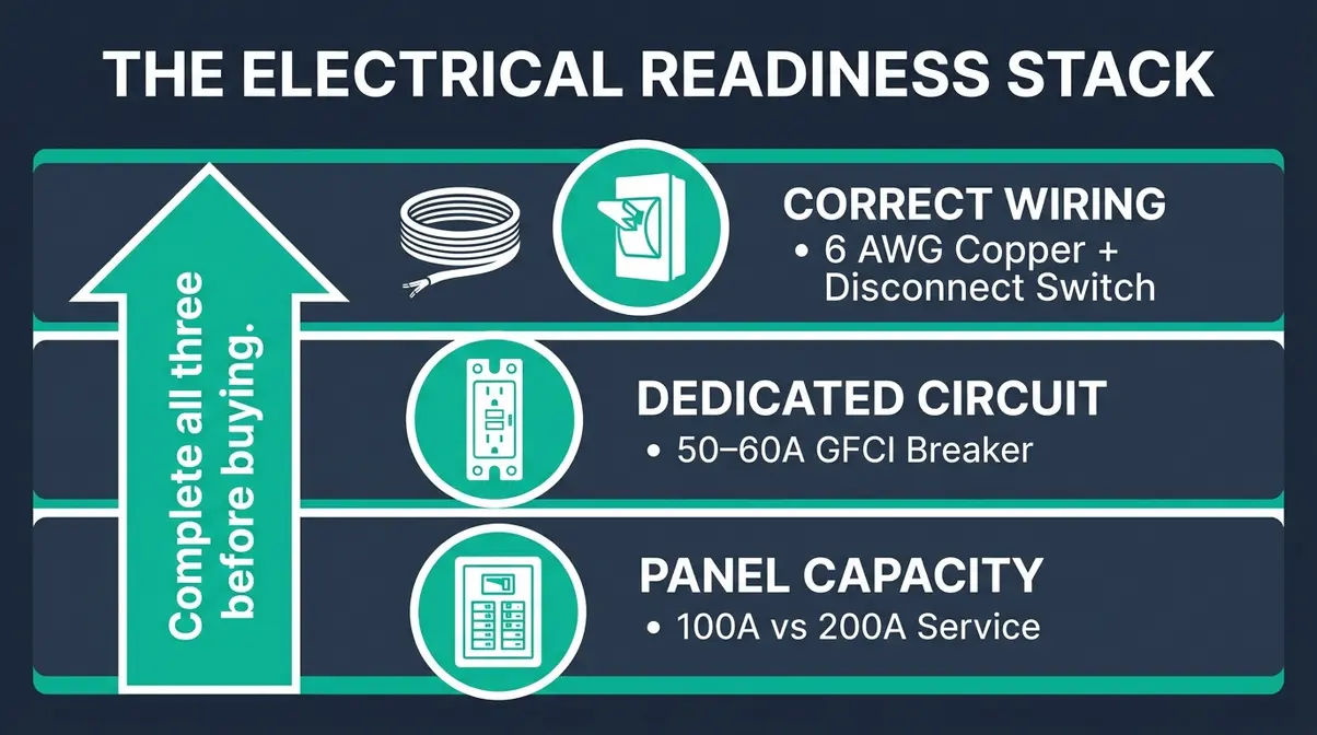 How Many Amps Does a Hot Tub Use? 50–60A Explained 2 Hot tub electrical readiness stack infographic showing panel capacity dedicated circuit and correct wiring requirements