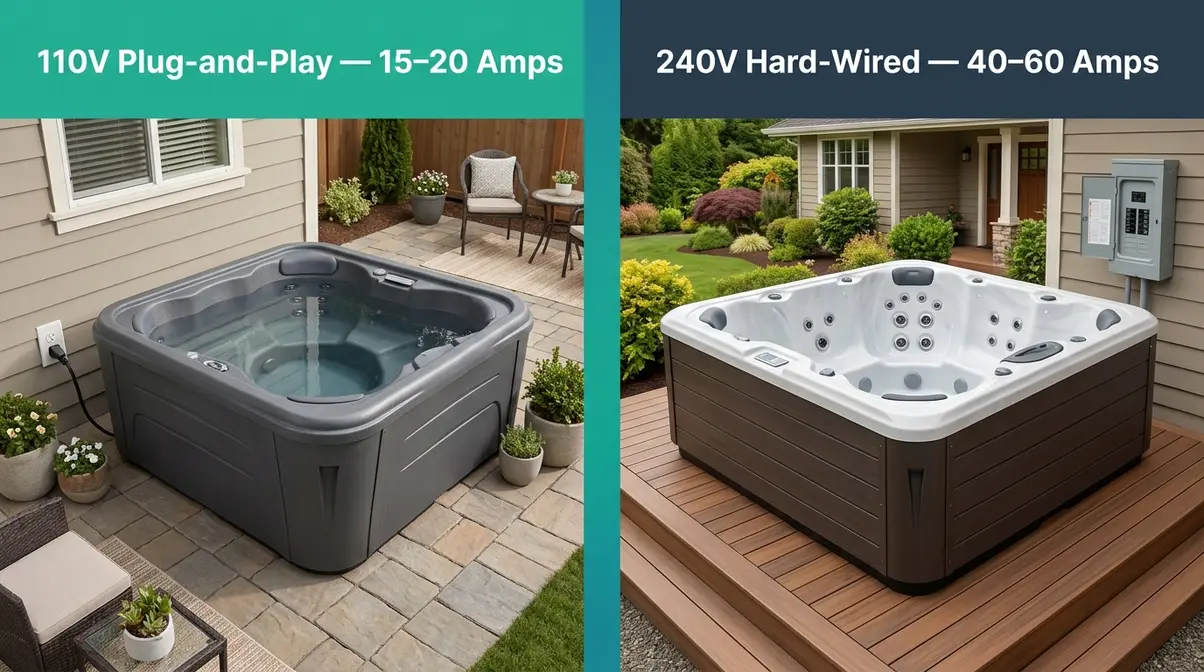 How Many Amps Does a Hot Tub Use? 50–60A Explained 3 Side-by-side comparison of 110V plug-and-play hot tub at 15 to 20 amps versus 240V hard-wired spa at 40 to 60 amps