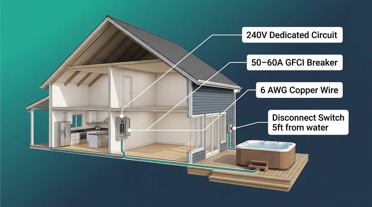 How Many Amps Does a Hot Tub Use? 50–60A Explained 1 Hot tub electrical requirements diagram showing dedicated 240V circuit GFCI breaker and 6 AWG wiring from panel to spa