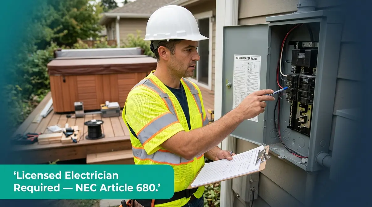 How Many Amps Does a Hot Tub Use? 50–60A Explained 7 Licensed electrician inspecting GFCI breaker panel during hot tub installation per NEC Article 680 safety requirements